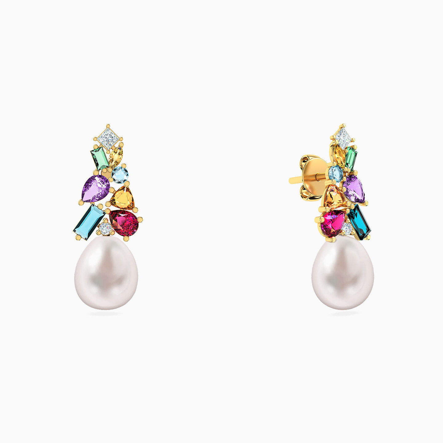 18K Gold Pearls & Colored Stones Stud Earrings - 2
