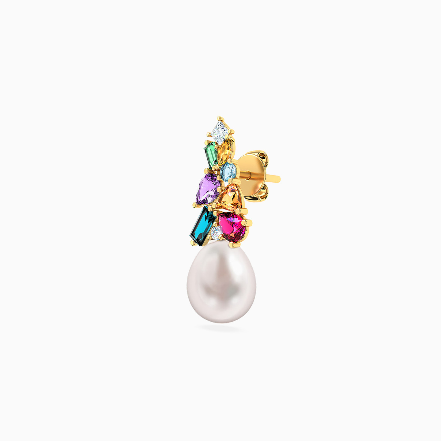18K Gold Pearls & Colored Stones Stud Earrings - 3