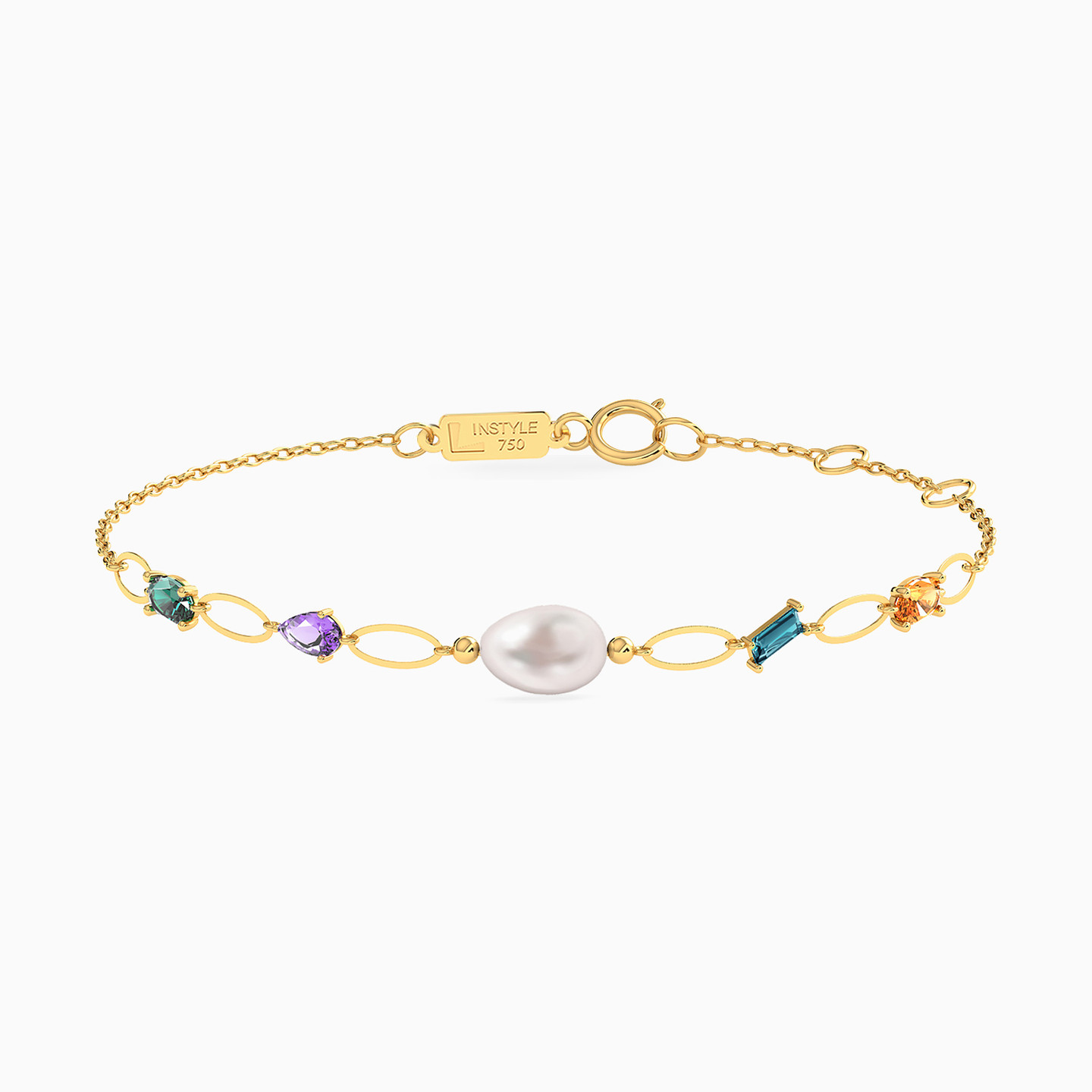 18K Gold Pearls & Colored Stones Chain Bracelet