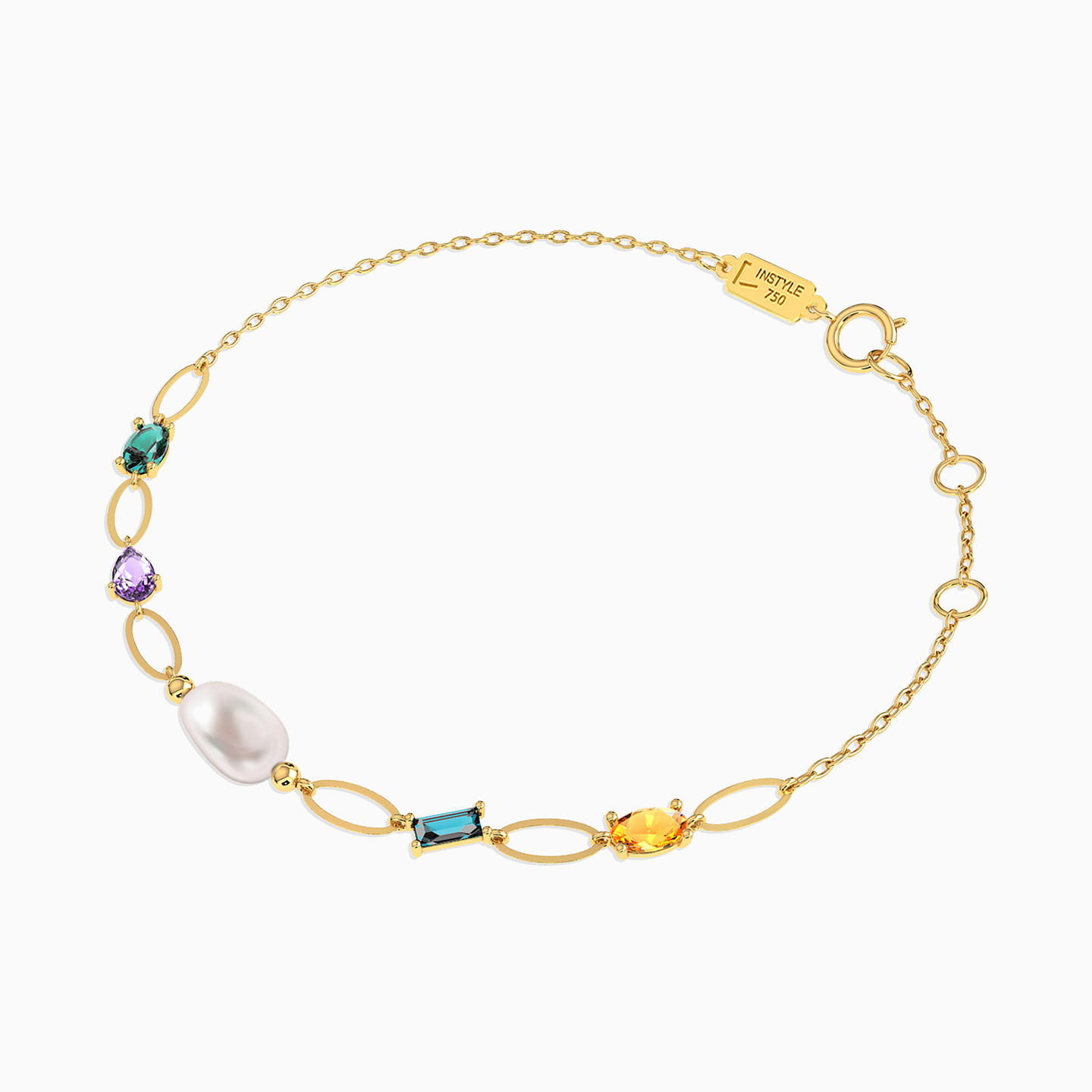 18K Gold Pearls & Colored Stones Chain Bracelet - 2
