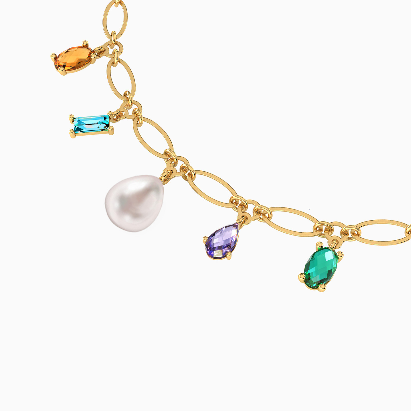18K Gold Pearls & Colored Stones Charm Bracelet - 3