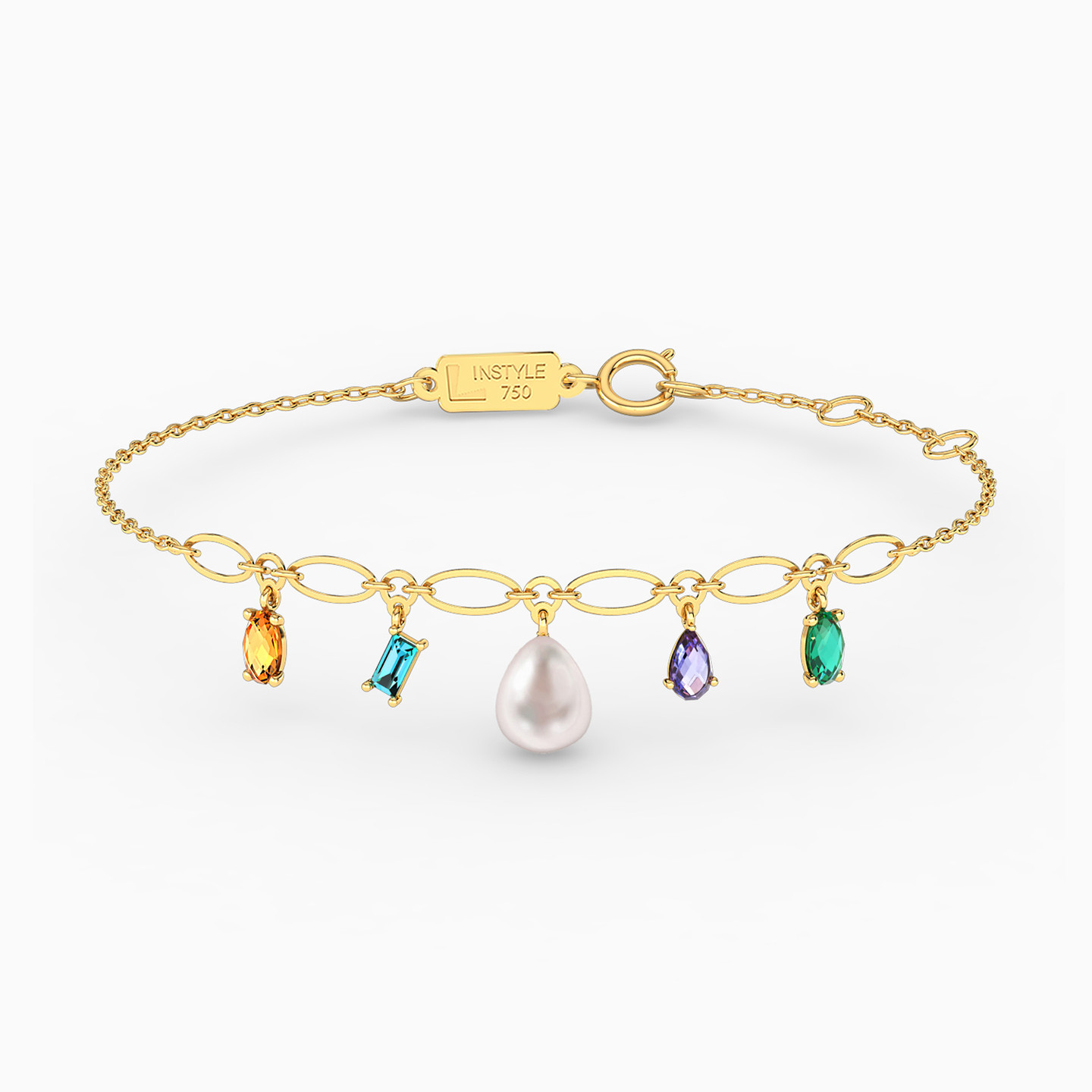 18K Gold Pearls & Colored Stones Charm Bracelet