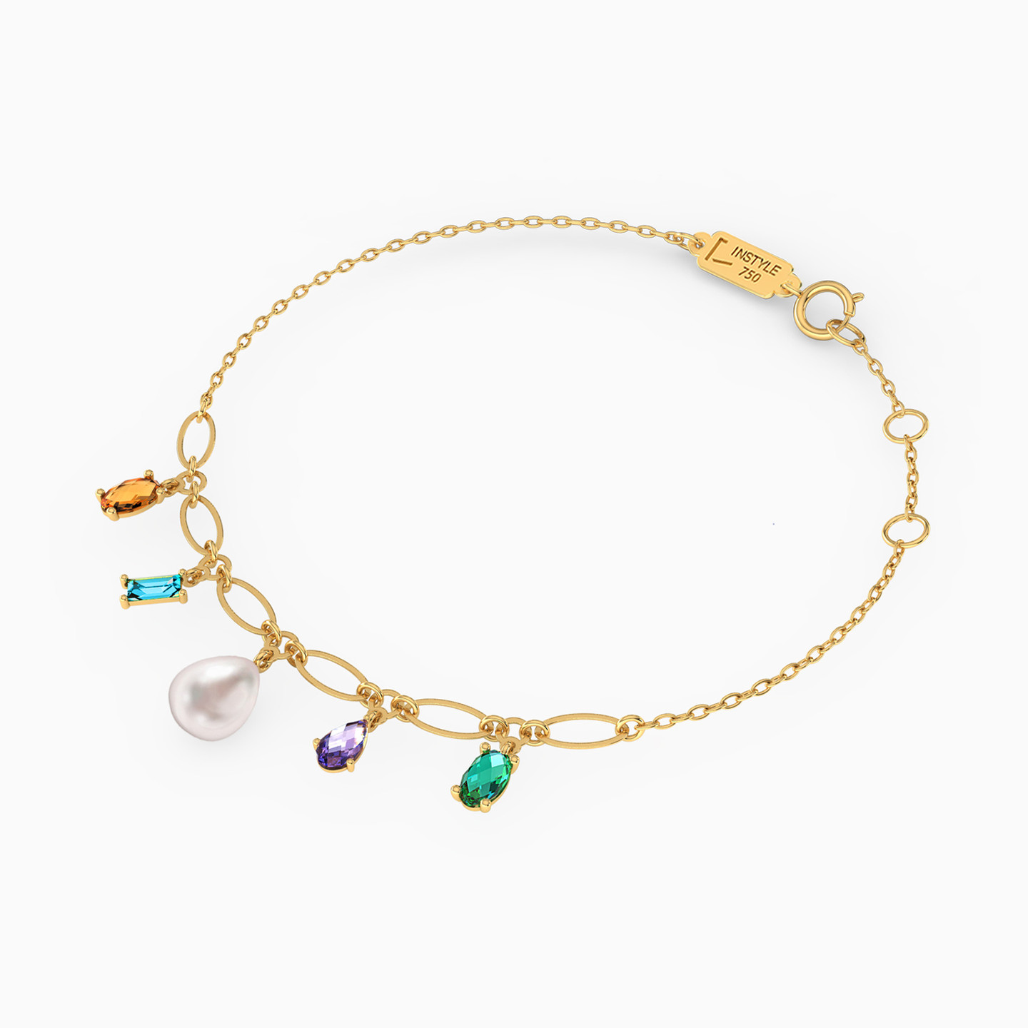 18K Gold Pearls & Colored Stones Charm Bracelet - 2