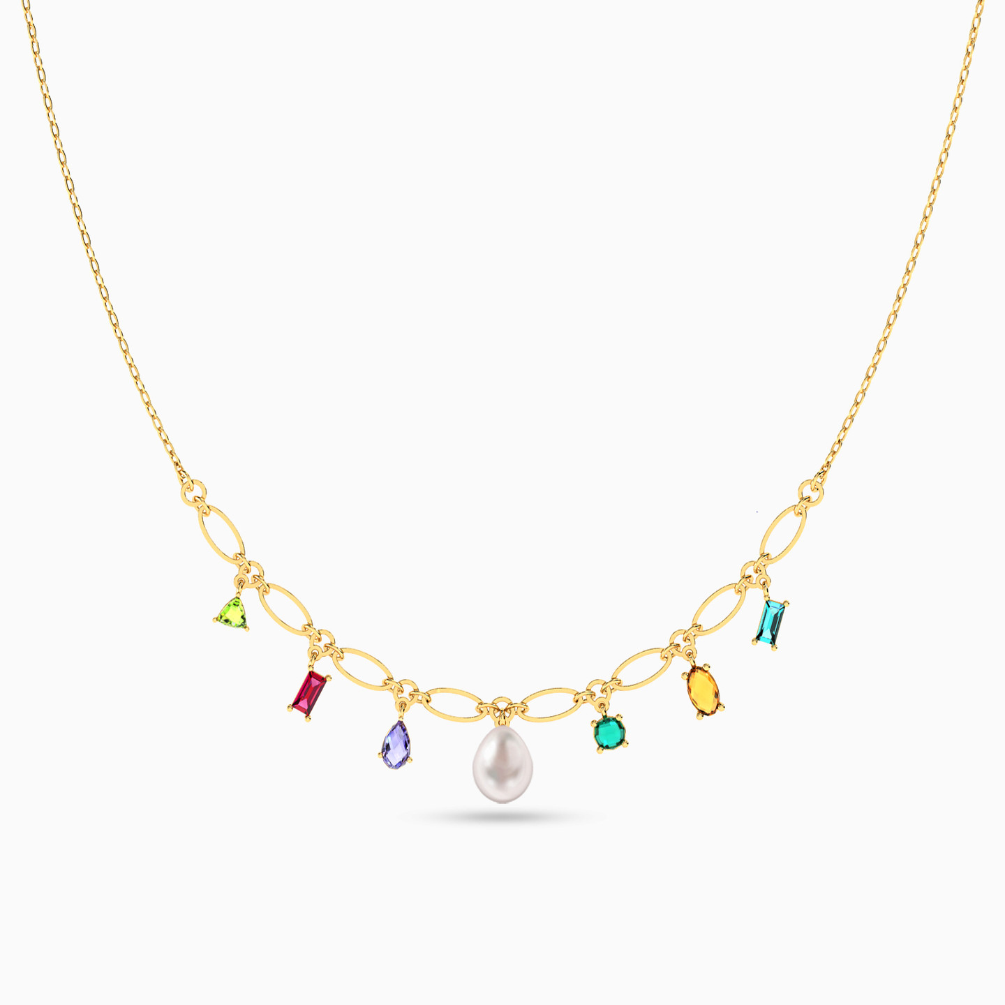18K Gold Pearls & Colored Stones Charms Necklace