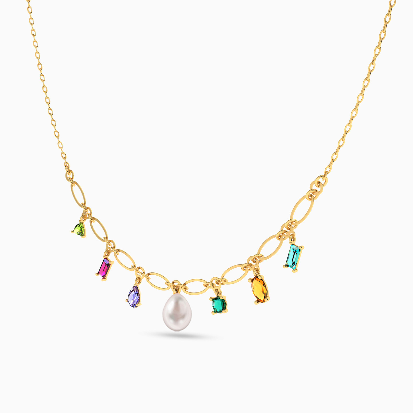 18K Gold Pearls & Colored Stones Charms Necklace - 2