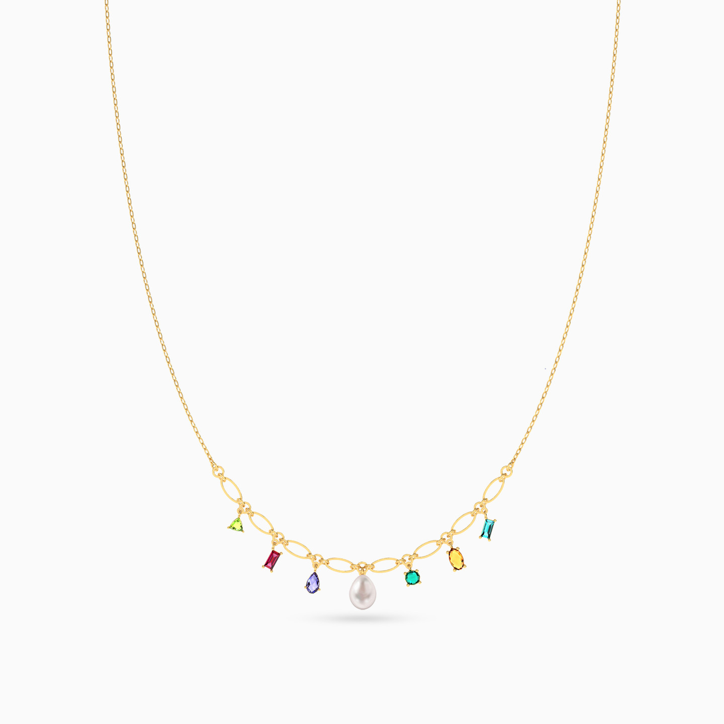 18K Gold Pearls & Colored Stones Charms Necklace - 3