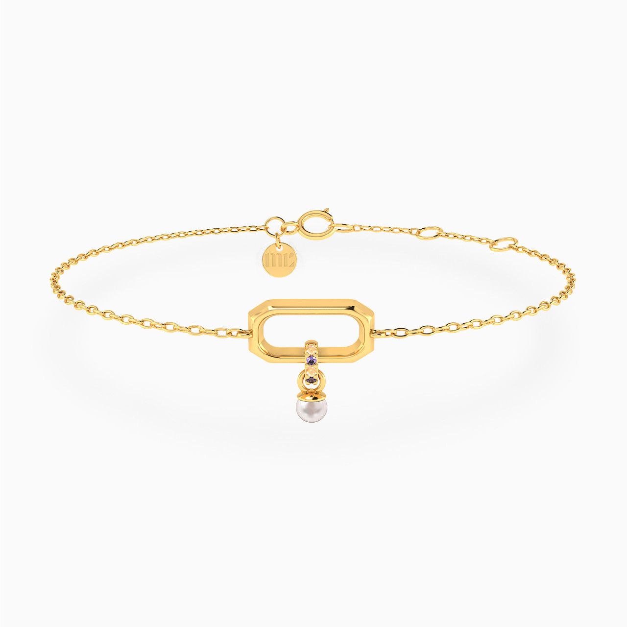14K Gold Pearl & Colored Stones Chain Bracelet