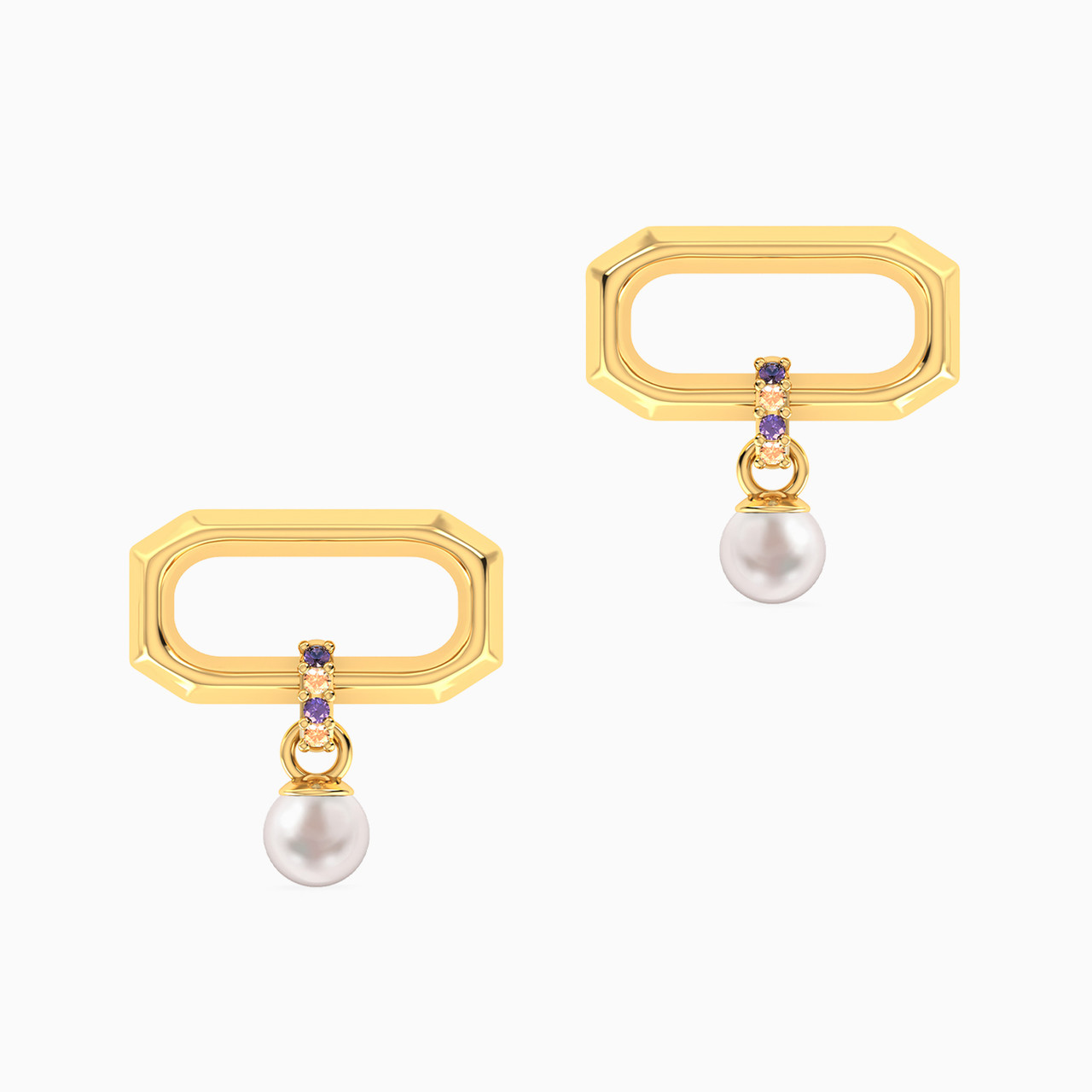 14K Gold Pearl & Colored Stones Drop Earrings
